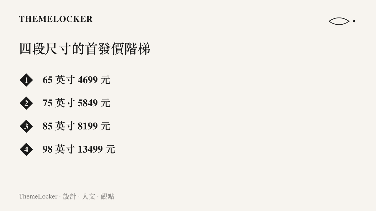 清單圖卡列出華為 Vision 智慧屏 6 悅享版從 65 到 98 英寸四個尺寸的首發價格，從 4699 元遞增至 13499 元