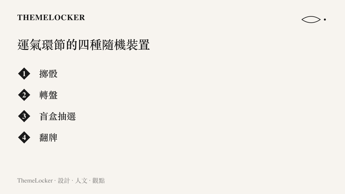 圖卡列出綜藝節目運氣環節常見的四種隨機裝置：擲骰、轉盤、盲盒抽選與翻牌
