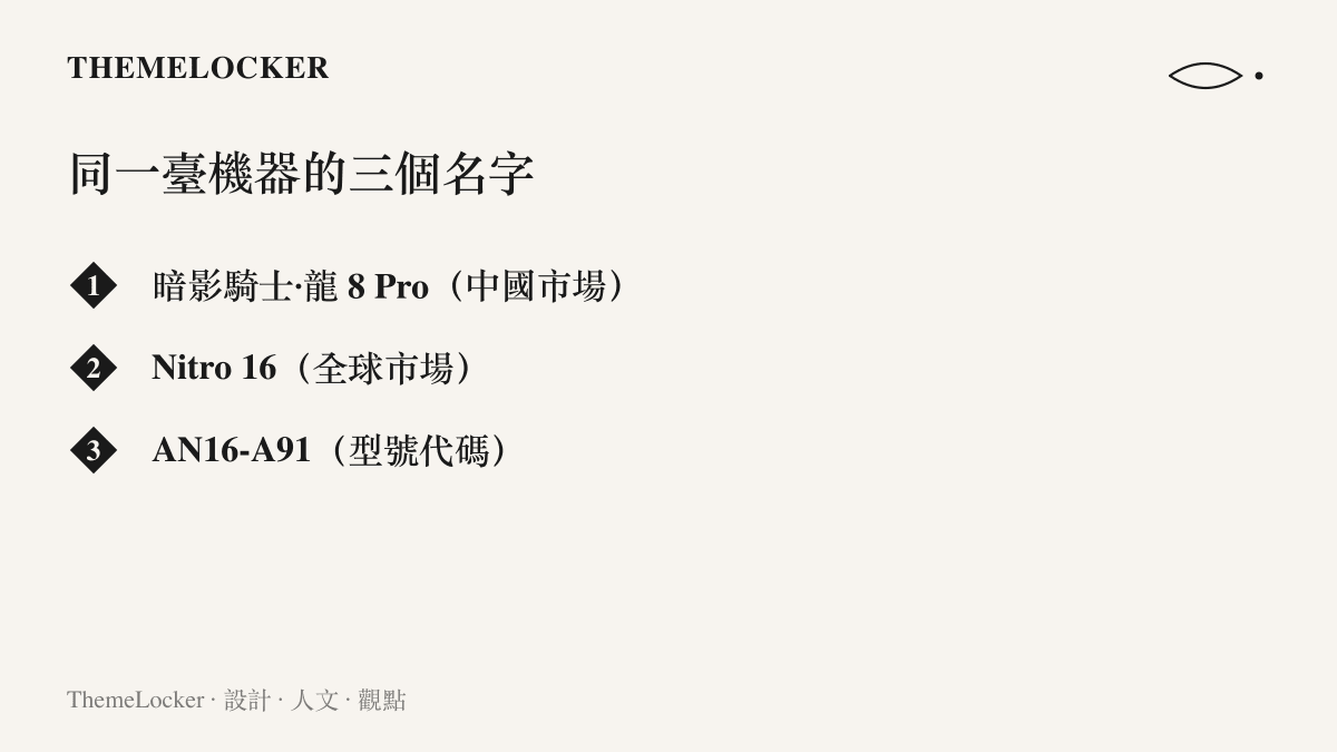 同一臺宏碁電競筆電的三種名稱並列：中國市場的暗影騎士·龍 8 Pro、全球市場的 Nitro 16，以及型號代碼 AN16-A91