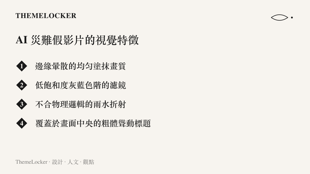 清單圖卡列舉 AI 生成災難假影片的四個主要視覺特徵，包含邊緣暈散的畫質、低飽和度色彩、物理折射錯誤以及粗體聳動標題