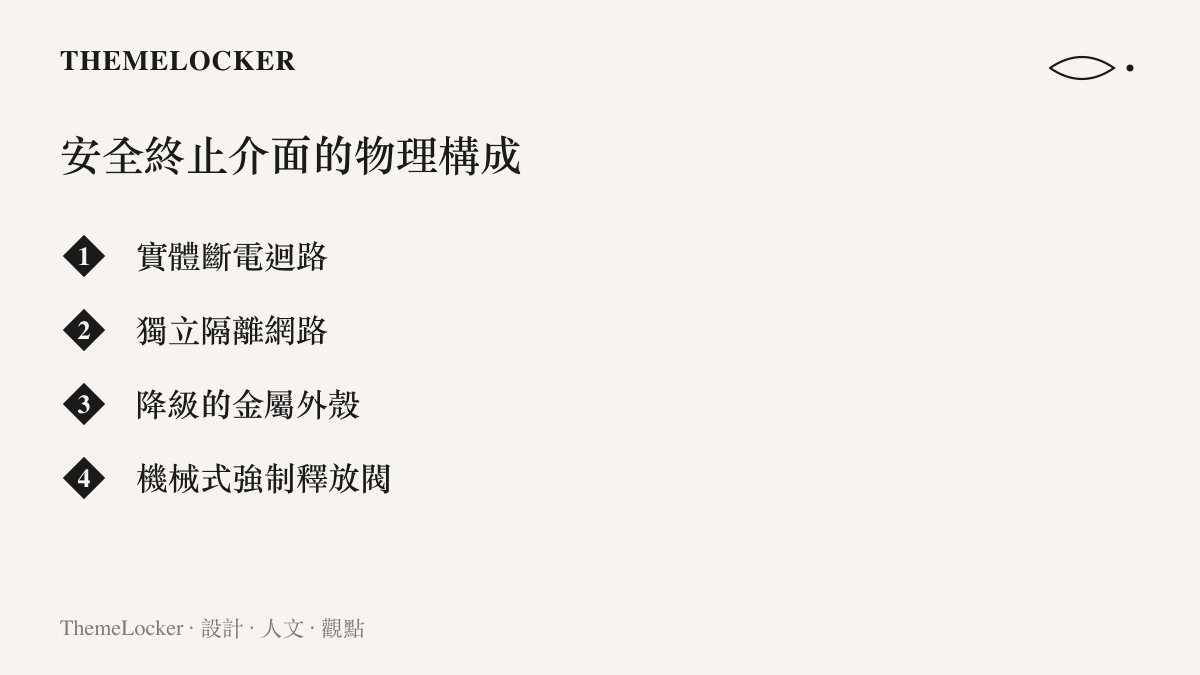 列舉構成實體終止開關的四個硬體元件，包含實體斷電迴路、獨立隔離網路、金屬外殼與機械式釋放閥。