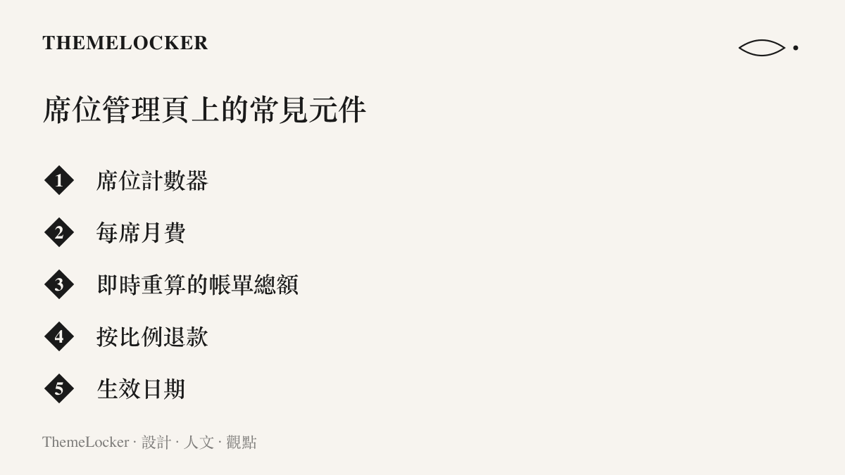 企業軟體後臺席位管理頁的常見元件，包含席位計數器、每席月費、即時重算的帳單總額、按比例退款與生效日期