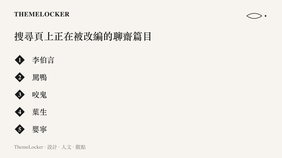 清單圖卡列出 B 站搜尋頁上被各帳號改編為 AI 動畫的聊齋篇目：李伯言、罵鴨、咬鬼、葉生與嬰寧