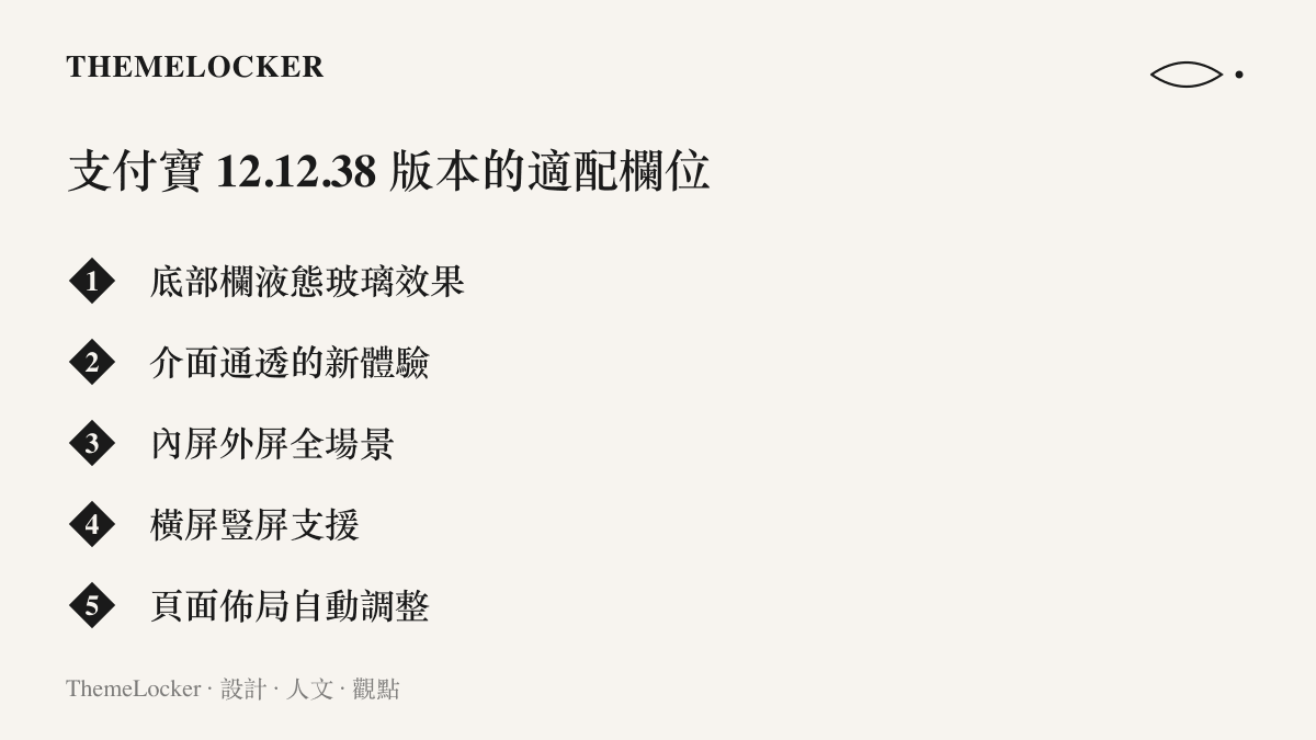 清單圖卡列出支付寶 12.12.38 版本支援 iPhone Duo 的五項適配內容，包含液態玻璃底部欄與內外雙屏橫豎方向的自動調整
