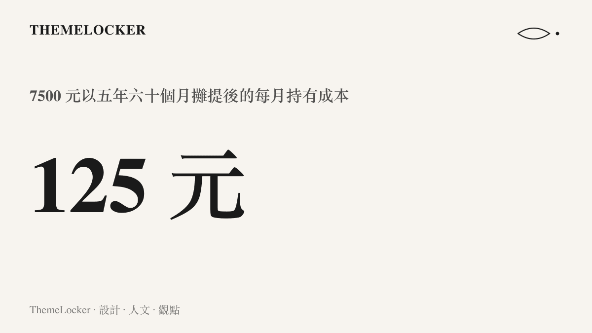 統計圖卡呈現七千五百元人民幣以五年六十個月攤提之後，每月持有成本為一百二十五元人民幣