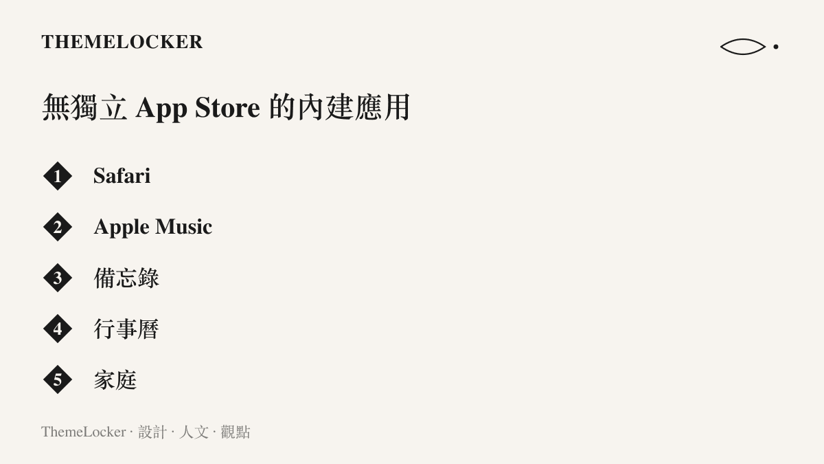 清單列出蘋果 Home Hub 傳聞內建的應用程式，包括 Safari、Apple Music、備忘錄、行事曆與家庭 app，裝置本身不提供獨立的 App Store