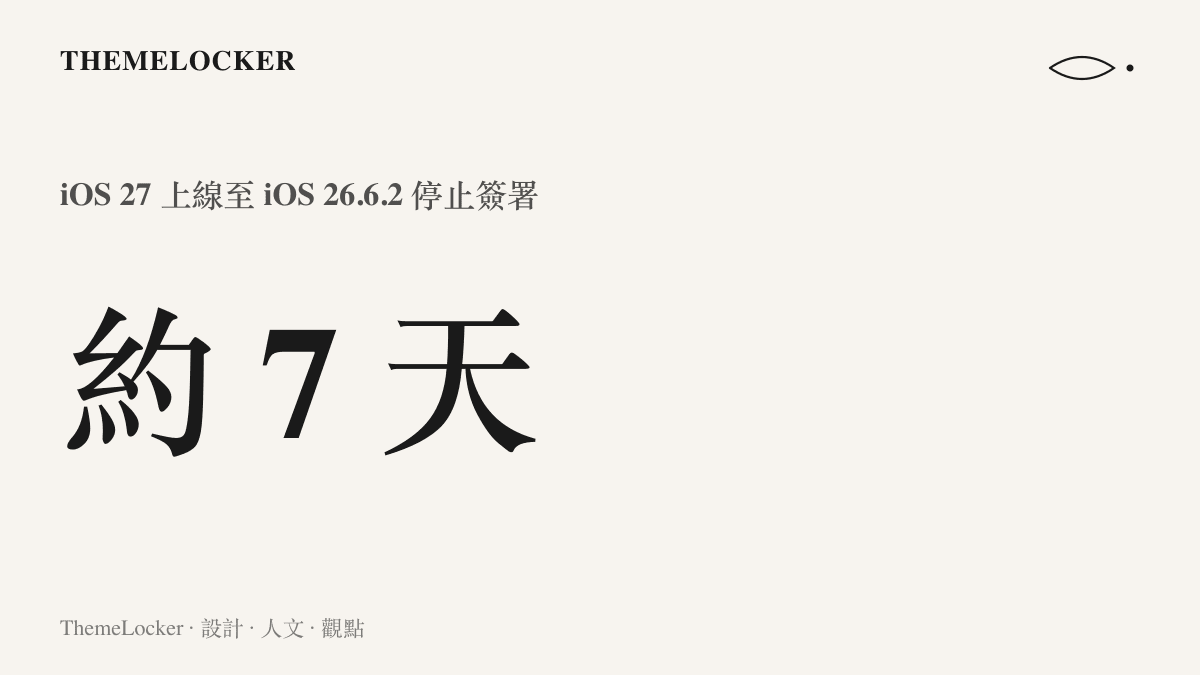 iOS 27 正式版於九月十五日上線，約七天後蘋果關閉 iOS 26.6.2 的簽署窗口，這段時間是使用者可回退的最後期限