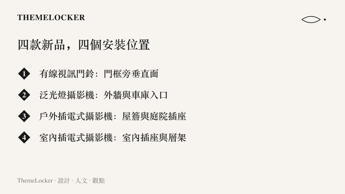 清單列出蘋果與 LG 合作的四款攝影機與各自安裝位置：門框旁的有線視訊門鈴、外牆的泛光燈攝影機、屋簷庭院的戶外插電式攝影機、室內層架的插電式攝影機