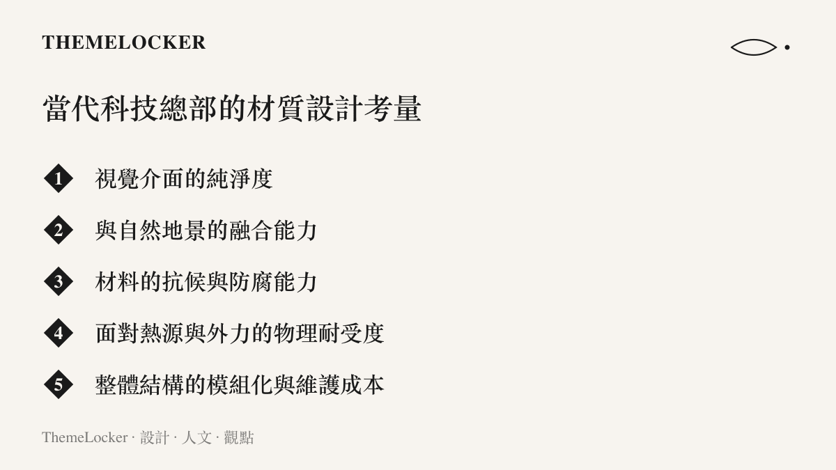 列舉當代科技總部在建築外觀與圍籬材質設計時必須考量的五個關鍵面向