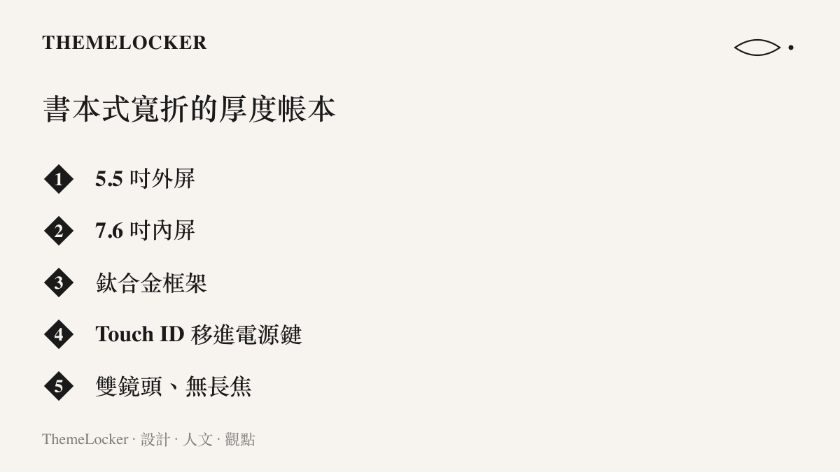 圖中以條列方式整理蘋果首款折疊手機的配置與刪減項目，包含五點五吋外屏、七點六吋內屏、鈦合金框架、Touch ID 移進電源鍵與無長焦的雙鏡頭
