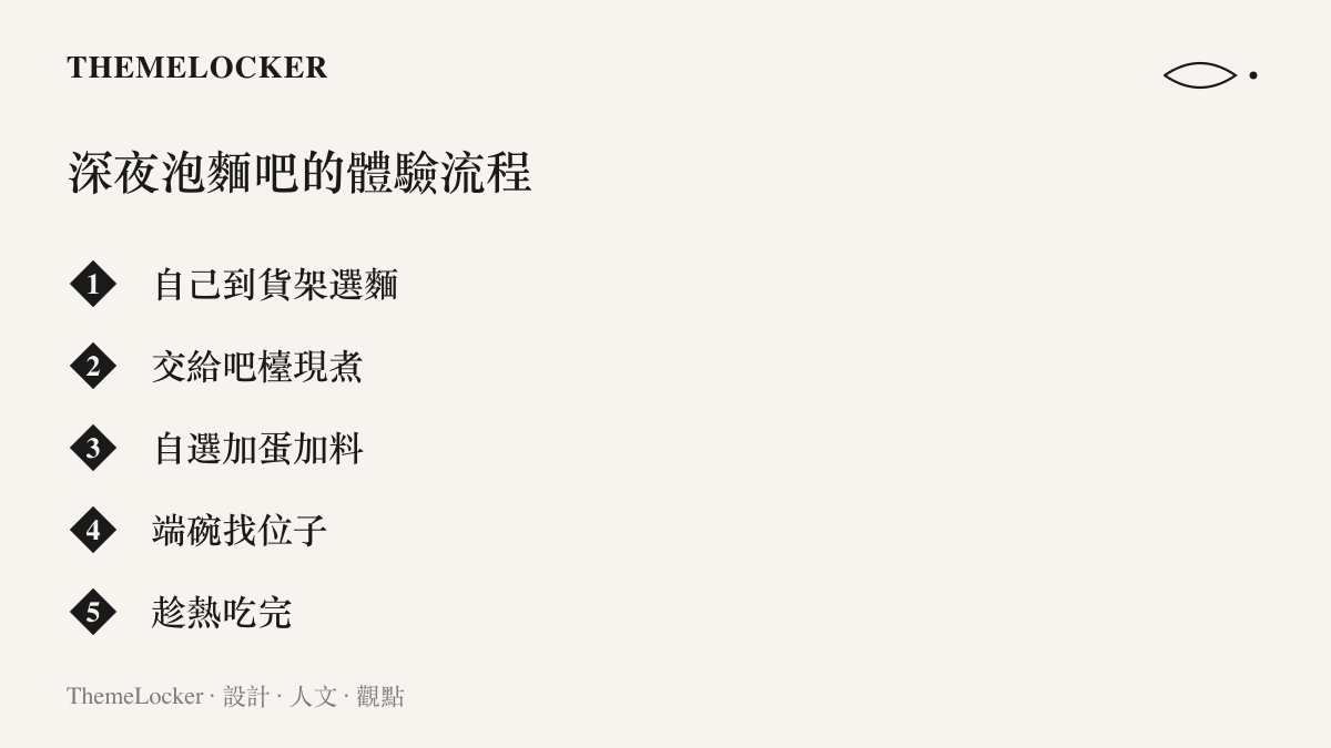 清單圖列出深夜泡麵吧從貨架選麵、吧檯現煮、自選加料到端碗入座的五段體驗流程