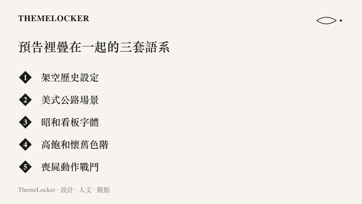 圖卡列舉《昭和米國物語》預告疊合的元素：架空歷史設定、美式公路場景、昭和看板字體、高飽和懷舊色階與喪屍動作戰鬥