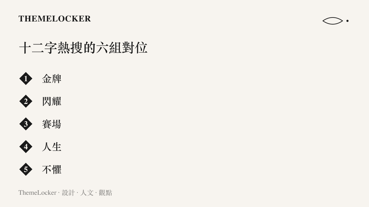 十二字熱搜詞條拆解為六個詞的對照排列，顯示金牌對人生、閃耀對不懼、賽場對殘缺的兩欄對仗結構