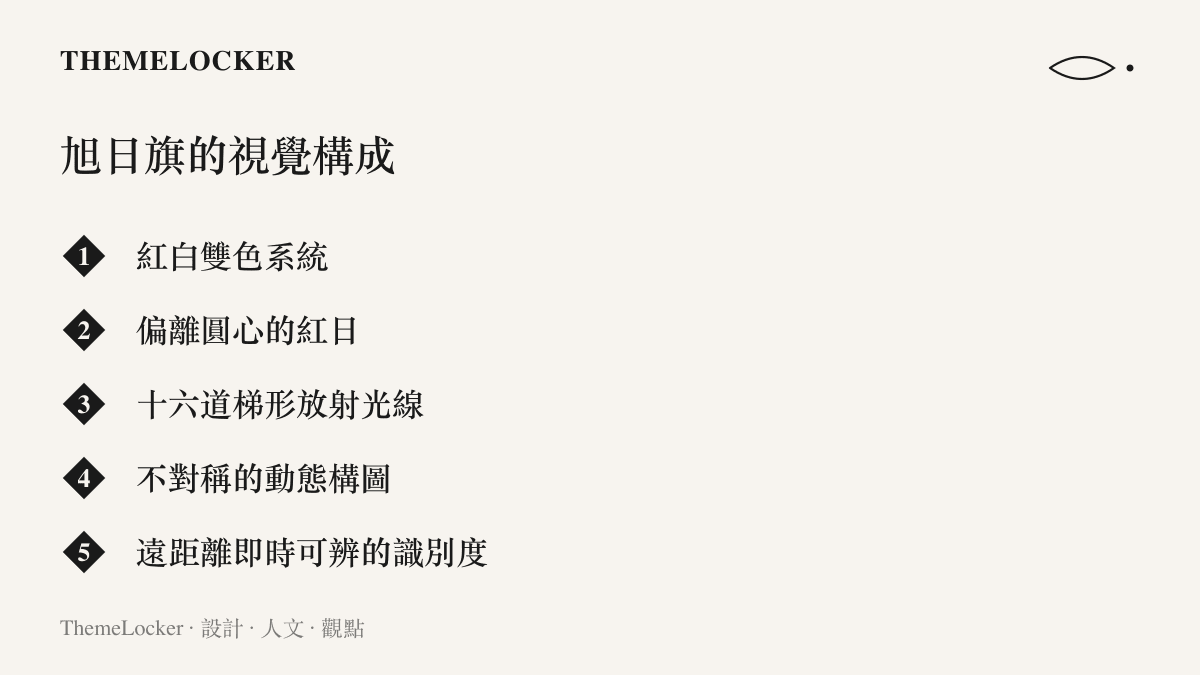 清單圖卡列出一面軍旗的五項視覺構成要素：紅白雙色、偏移的太陽、十六道放射光線、不對稱構圖與高識別度