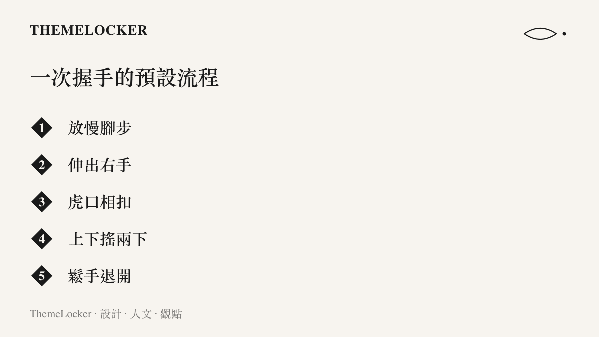 清單圖卡列出籃球賽後握手儀式的五個連續步驟，從放慢腳步、伸出右手、虎口相扣、上下搖兩下到鬆手退開