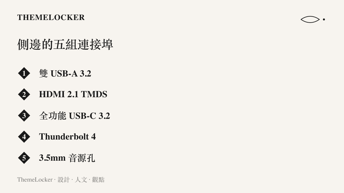 清單圖卡列出無畏 14 機身側邊的五組連接埠，包含雙 USB-A、HDMI 2.1、全功能 USB-C、Thunderbolt 4 與 3.5mm 音源孔