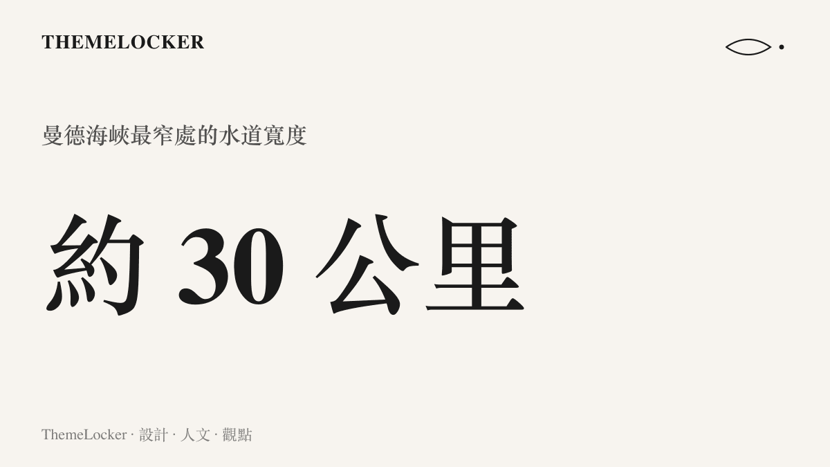 統計圖示呈現曼德海峽最窄處僅約三十公裏寬，說明這條連接紅海與亞丁灣的國際航道最瓶頸的尺度