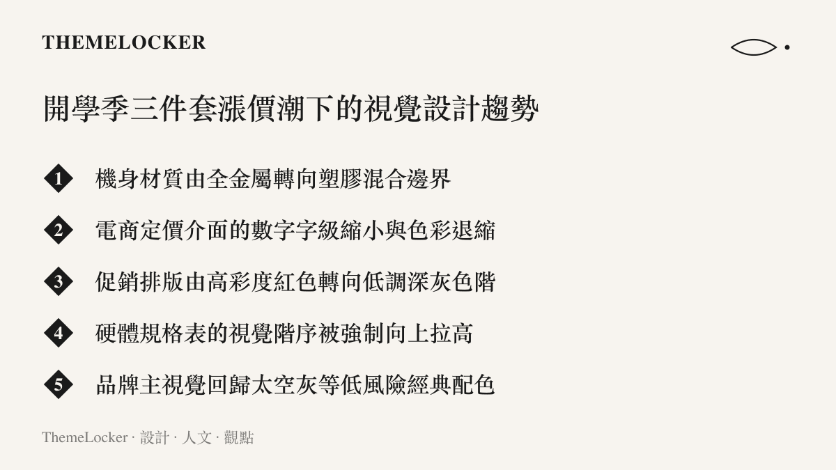列舉開學季科技產品因應漲價潮在機身材質、介面排版與品牌配色上所展現的五項視覺設計趨勢。
