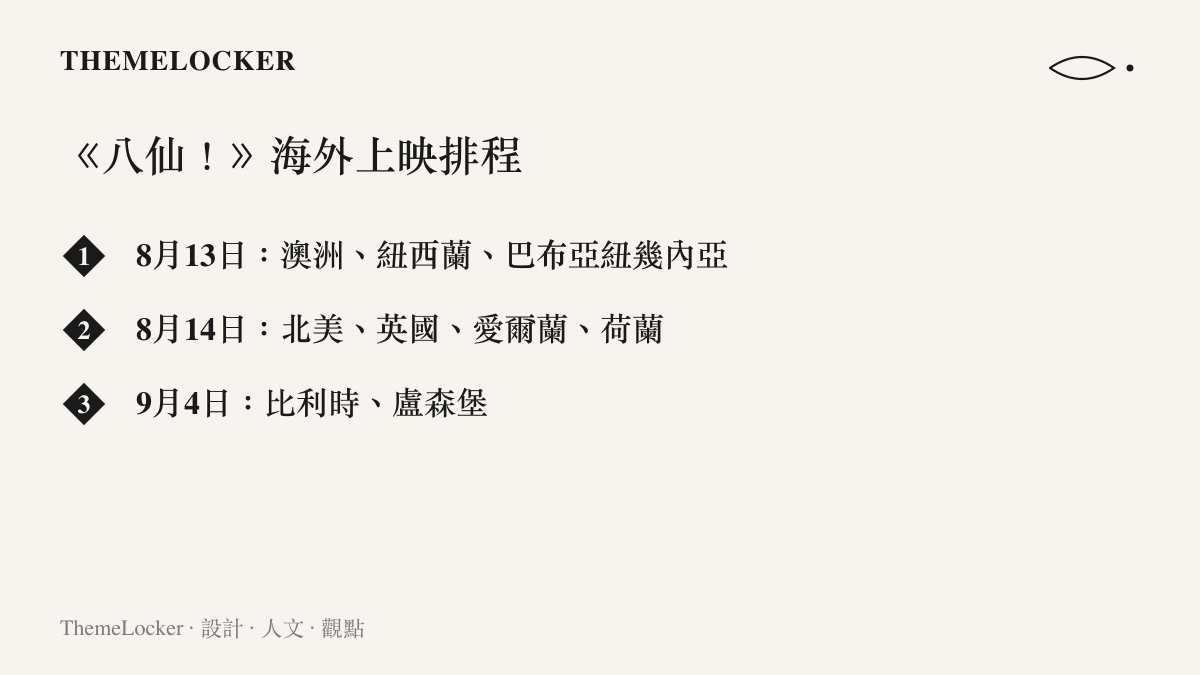 《八仙！》海外上映排程列出八月十三日的澳洲紐西蘭與巴布亞紐幾內亞、八月十四日的北美英國愛爾蘭荷蘭，以及九月四日的比利時盧森堡三波檔期