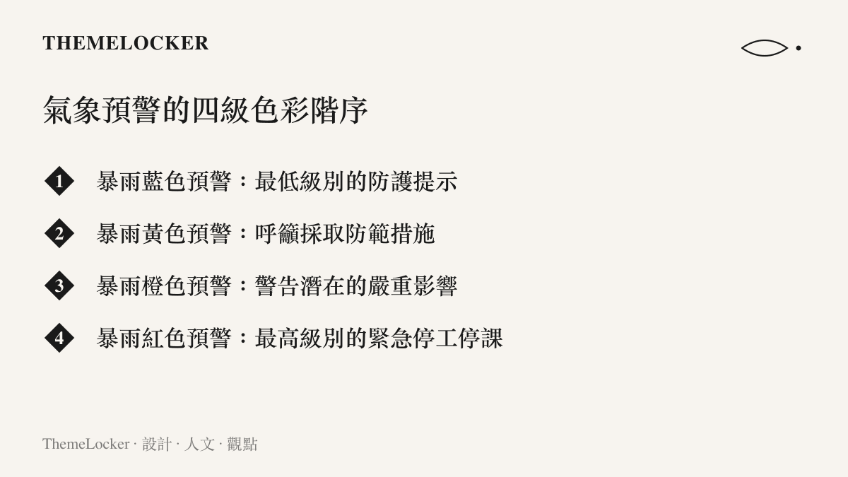 氣象預警系統中從藍色到紅色四個層級的警示色彩與防護措施清單