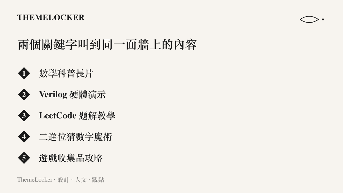清單圖卡列出B站搜尋頁上被二進位與碎形兩個關鍵字拉到同一面牆的內容類型，從數學科普長片到遊戲收集品攻略
