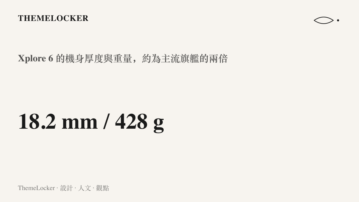 數據圖卡呈現 Blackview Xplore 6 三防手機 18.2 公釐的機身厚度與 428 公克的重量，約為主流旗艦手機的兩倍有餘