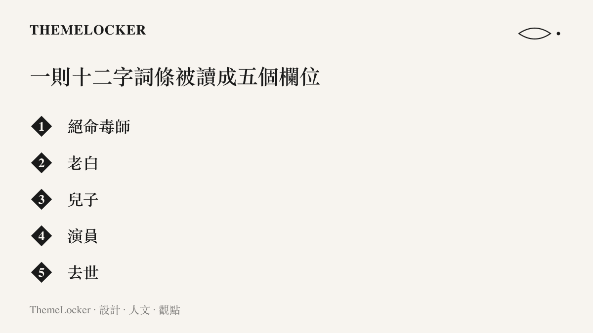 清單圖卡把熱搜詞條「絕命毒師老白兒子演員去世」拆解成劇名、暱稱、親屬關係、職業與事件五個欄位