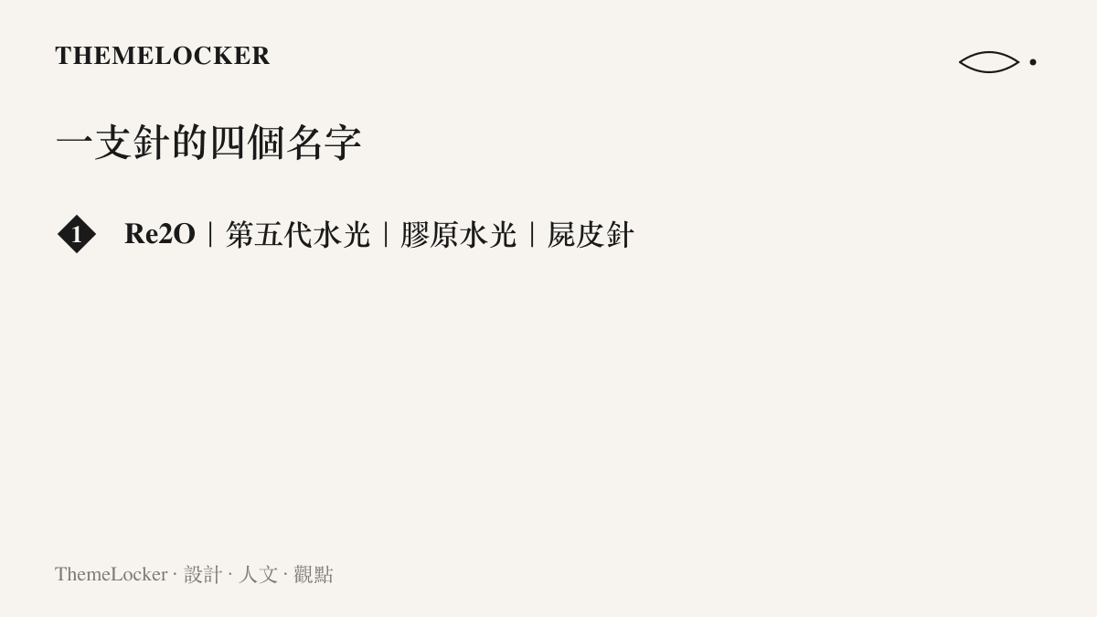 一張清單列出韓國再生水光注射產品在不同語境下的四個名稱：Re2O、第五代水光、膠原水光與俗稱屍皮針，呈現命名從分子式聯想到直白俗稱之間的落差