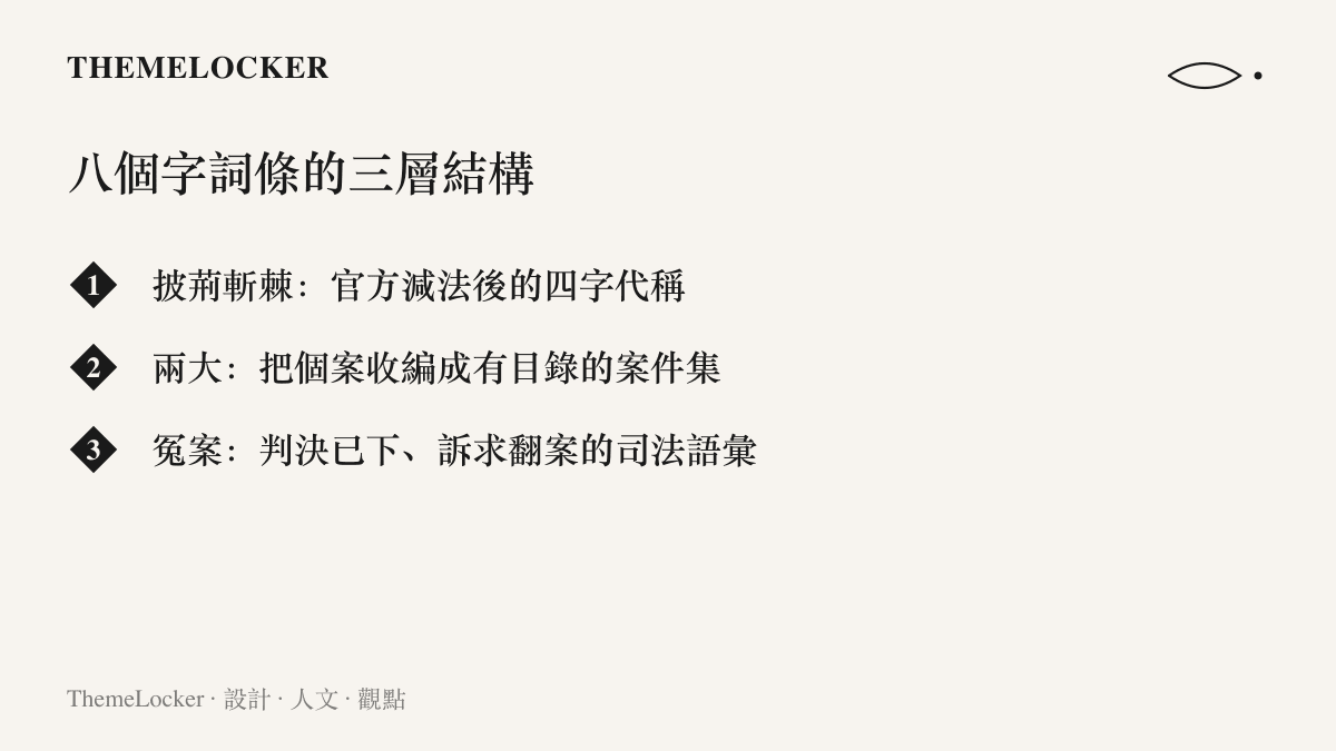 一張拆解熱搜詞條「披荊斬棘兩大冤案」的結構清單，列出四字節目代稱、數量編纂與司法修辭三個層次