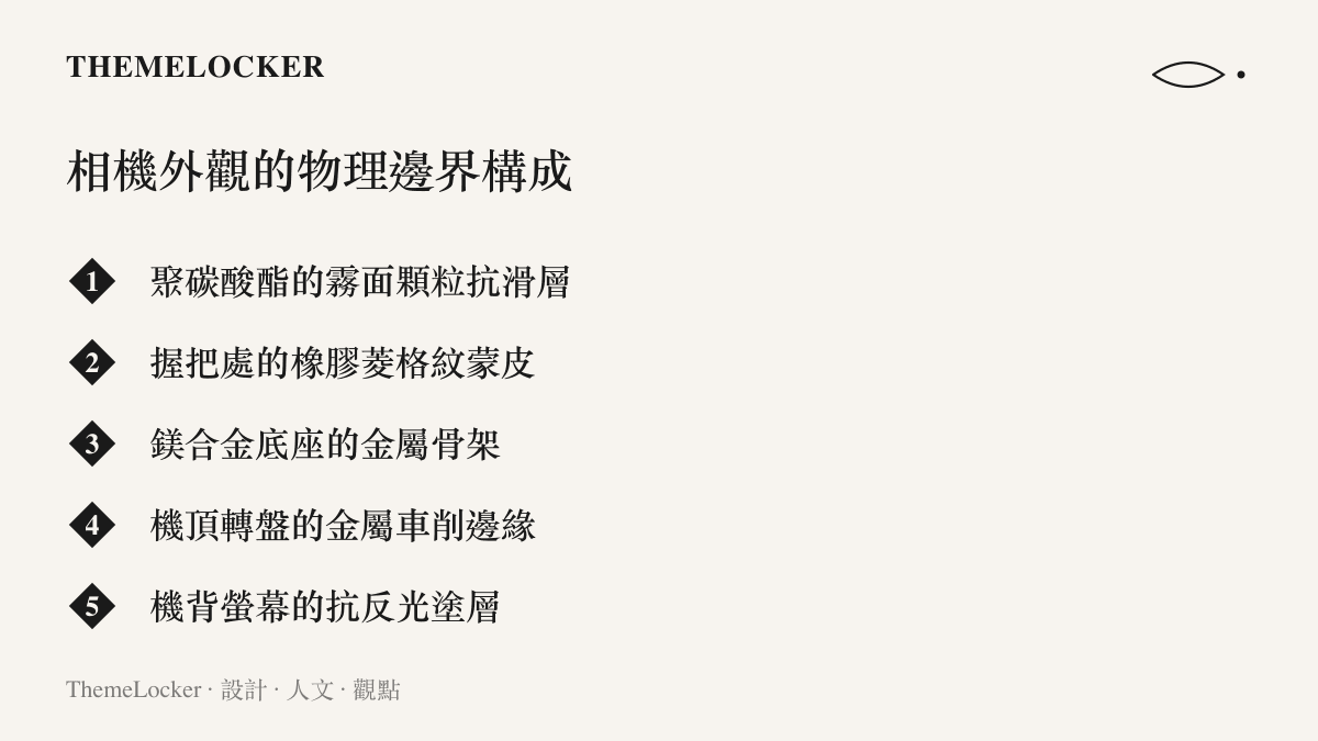 相機外觀的物理邊界構成清單，列舉了聚碳酸酯霧面層、橡膠蒙皮與鎂合金骨架等五項機身材質設計