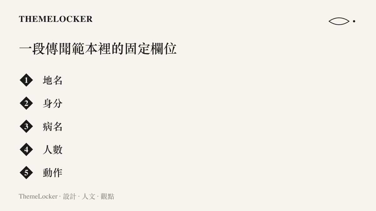 清單圖卡列出這則校園傳病傳聞範本中的五個欄位：地名、身分、病名、人數與動作