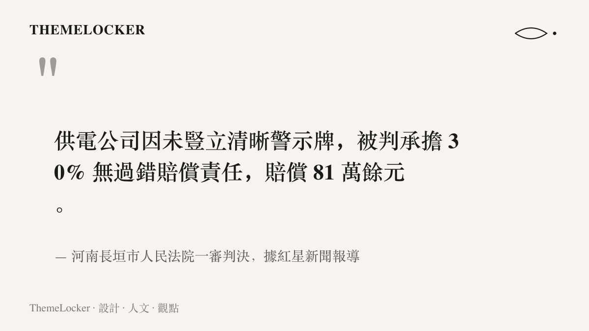 圖卡呈現河南長垣市人民法院一審判決的要旨：供電公司因未豎立清晰警示牌，被判承擔百分之三十的無過錯賠償責任，賠償金額 81 萬餘元
