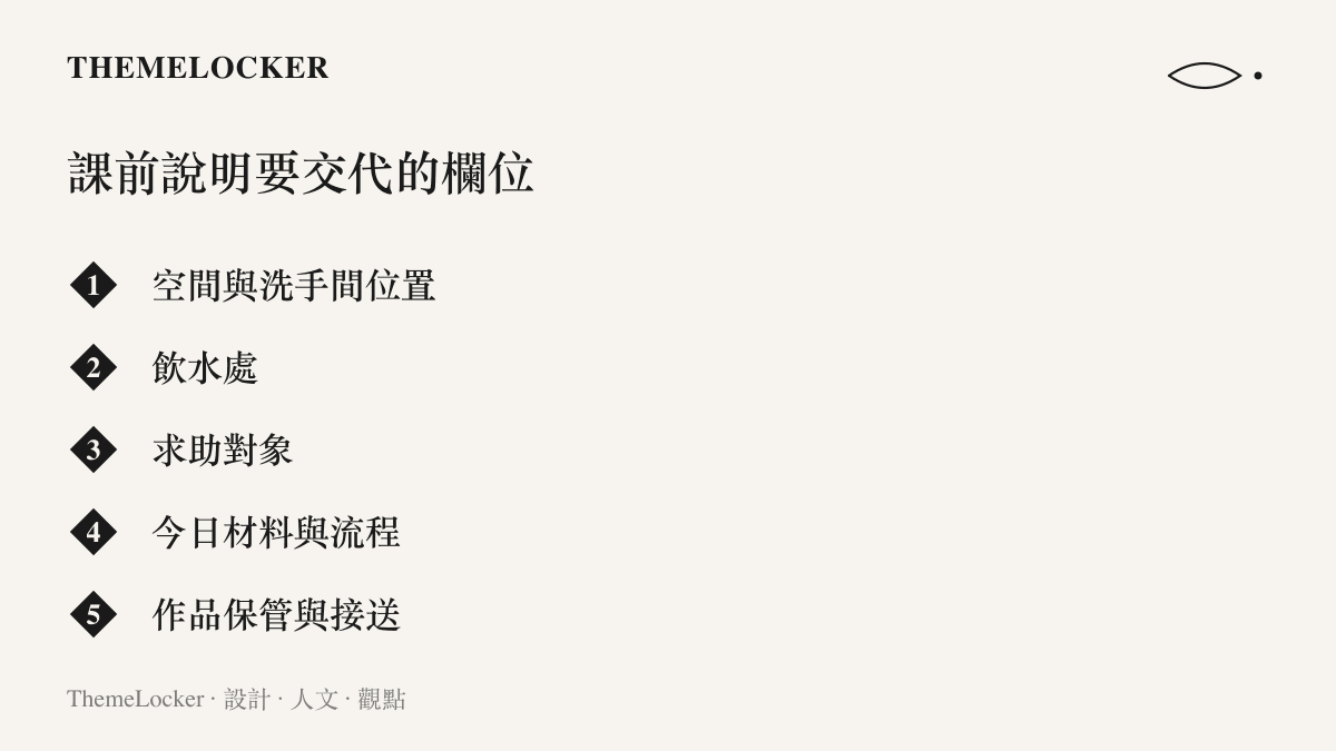 清單圖列出一堂兒少藝術陪伴課開場需要說明的五個欄位：空間與洗手間位置、飲水處、求助對象、今日材料與流程、作品保管與接送