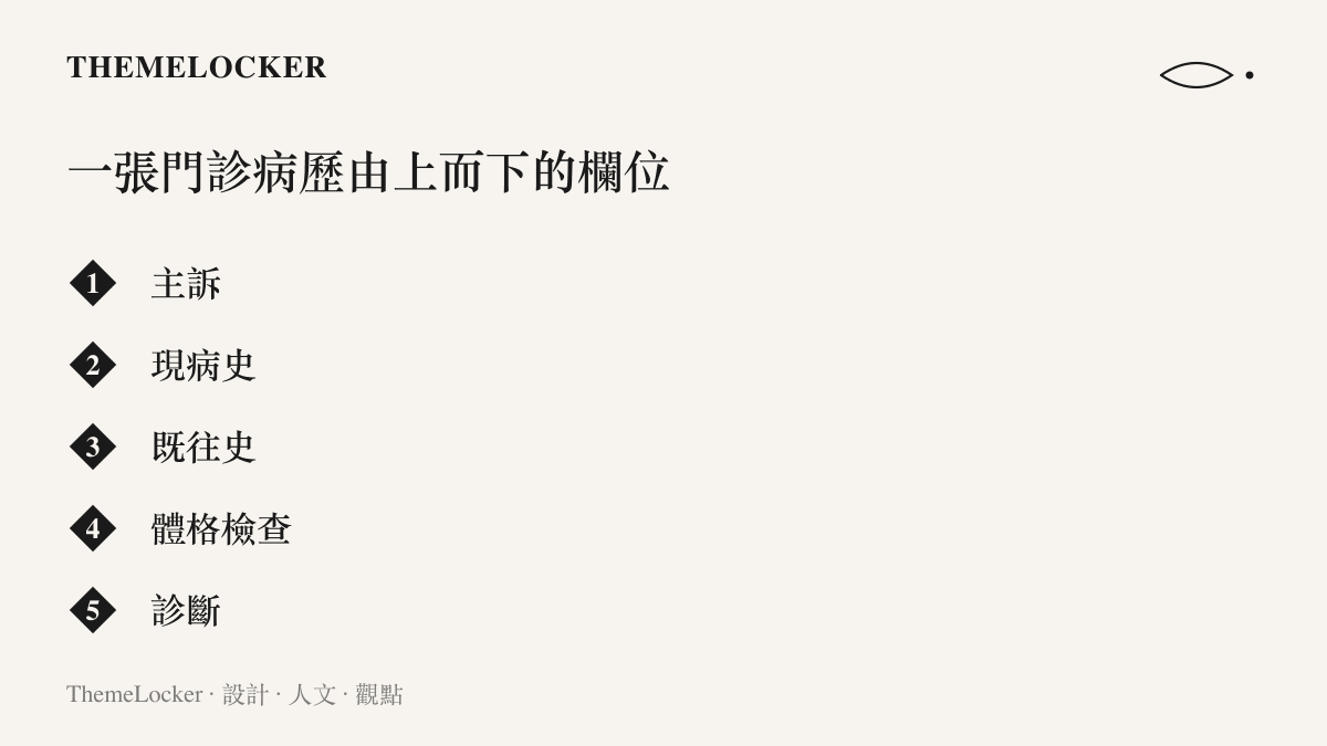 一張門診病歷由上而下的六個欄位順序，依序為主訴、現病史、既往史、體格檢查、診斷與處置意見