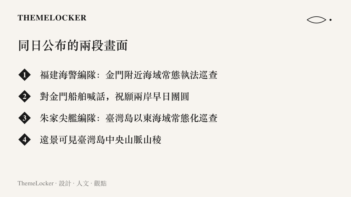 中國海警同日公布的兩段畫面對照：一段是金門附近海域的常態巡查與喊話，另一段是臺灣島以東朱家尖艦編隊拍到中央山脈山稜的巡航畫面