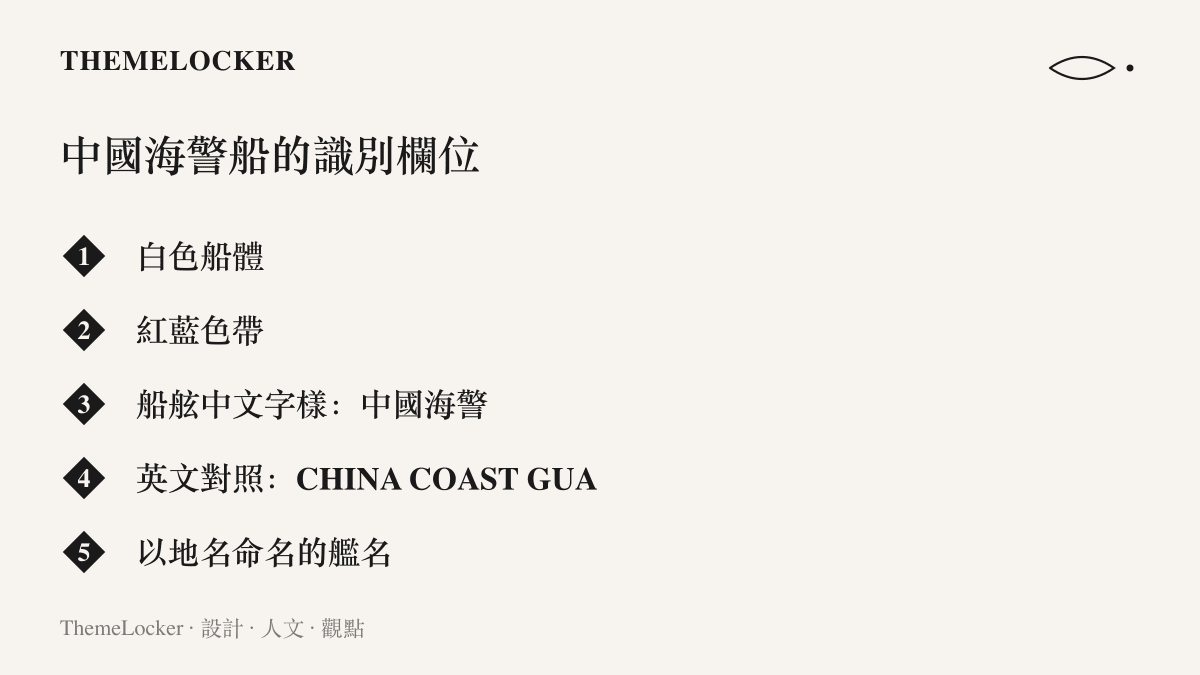 一艘中國海警船的識別欄位一覽：白色船體、紅藍色帶、船舷上的中國海警中英文船名，以及取自地名的艦名