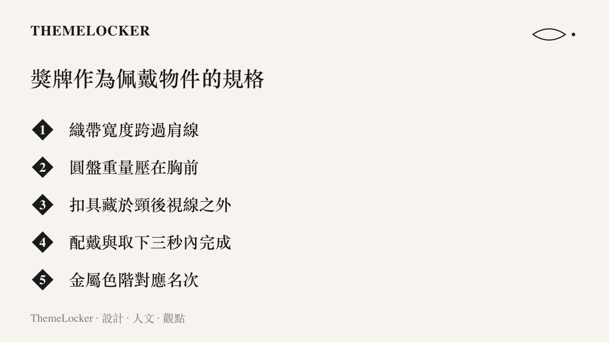 清單列出獎牌作為佩戴物件的五項規格，包含織帶寬度跨過肩線、圓盤重量壓在胸前、扣具藏於頸後、配戴與取下三秒內完成，以及金屬色階對應名次
