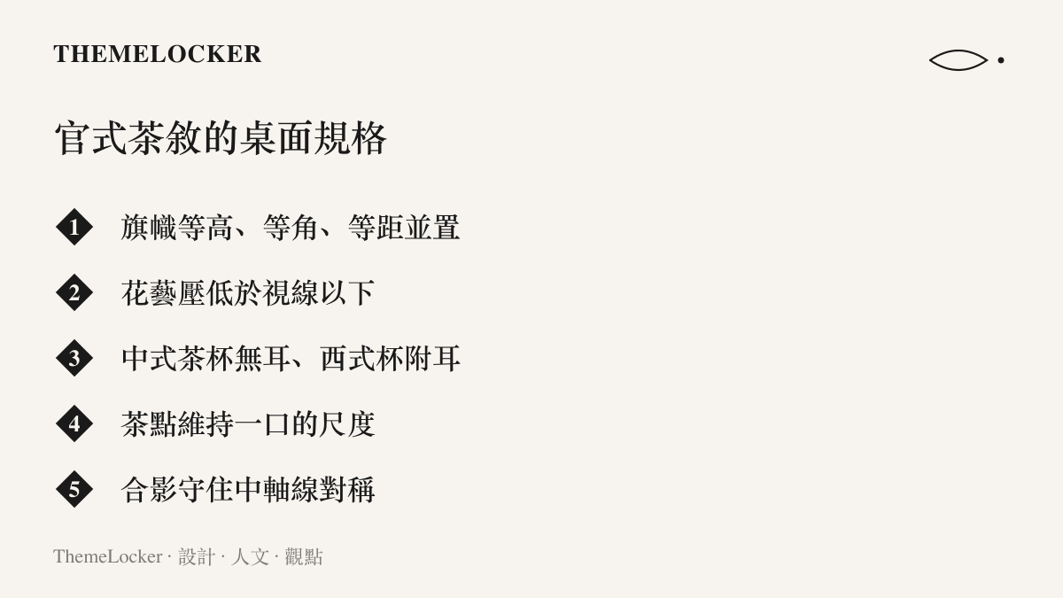官式茶敘桌面的固定規格清單，從旗幟等高並置、花藝壓低、茶杯形制，到茶點尺度與合影對稱