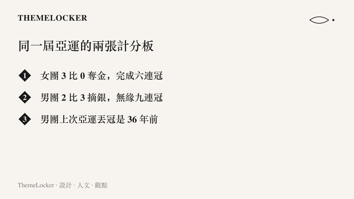 清單圖卡列出名古屋亞運中國桌球隊兩張決賽計分板：女團三比零奪金完成六連冠，男團二比三摘銀無緣九連冠，男子項目上次丟冠已是三十六年前