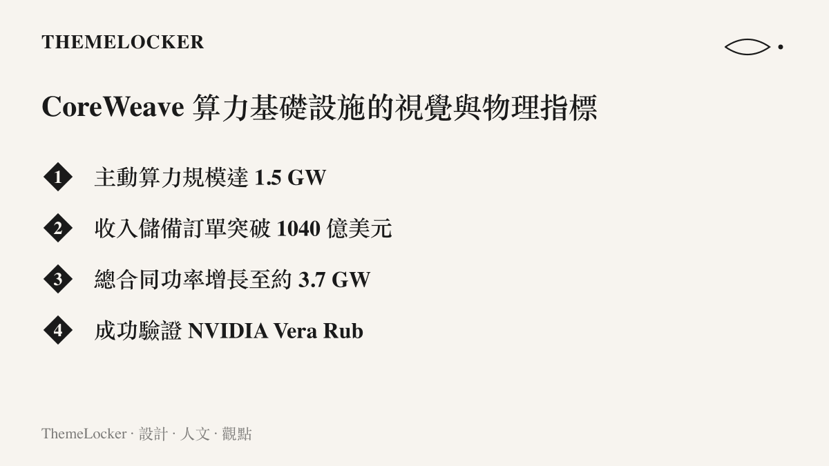 列出 CoreWeave 在算力規模、訂單儲備與硬體驗證上的四大核心基礎設施指標