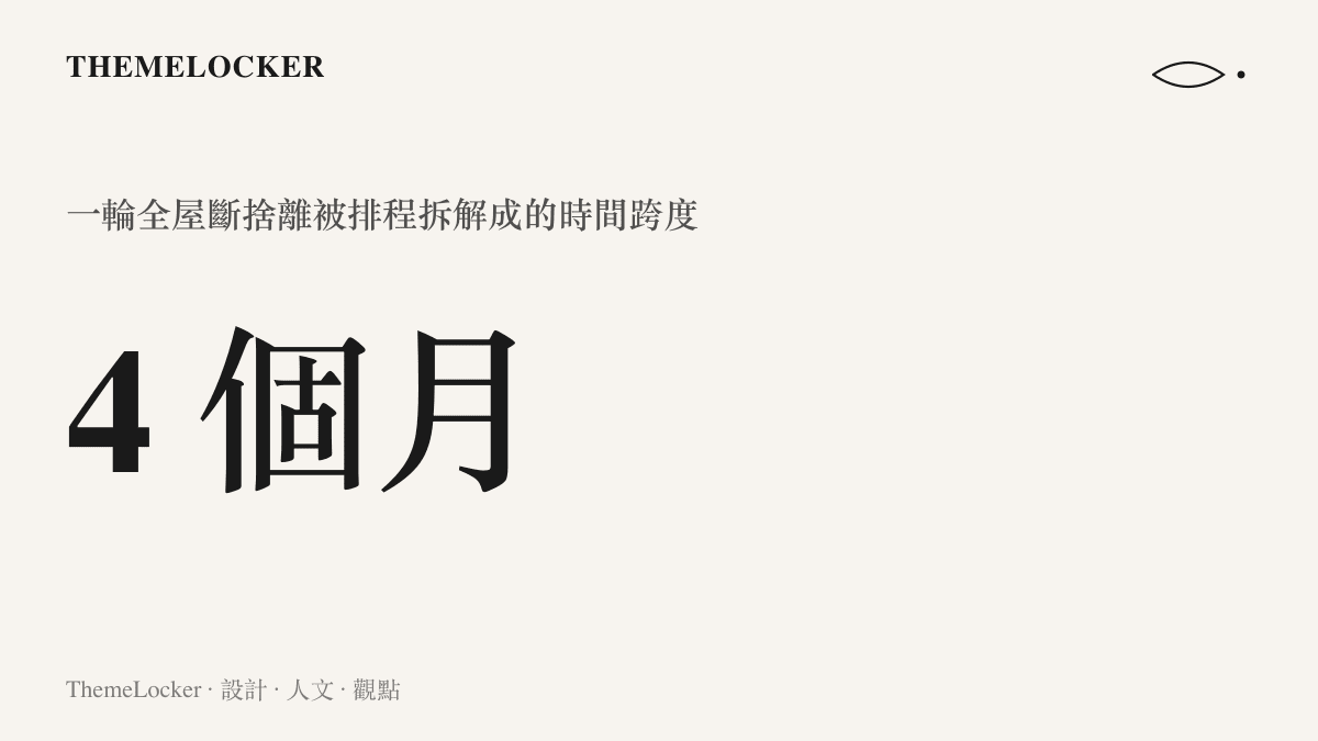 統計圖卡呈現一輪全屋斷捨離前後花費四個月的時間跨度，顯示整個工程被拆成每週固定劑量的分段排程