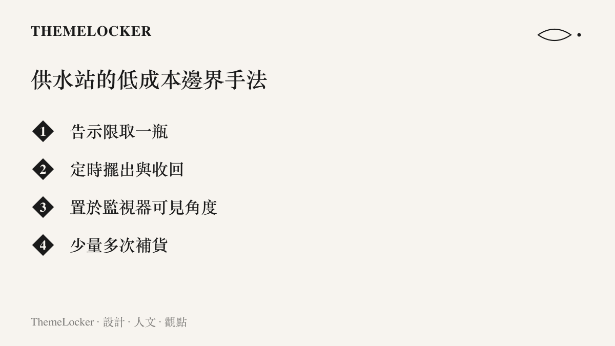 清單圖列出愛心供水站四種低成本的邊界設計手法：告示限取一瓶、定時擺出與收回、置於監視器可見角度、少量多次補貨
