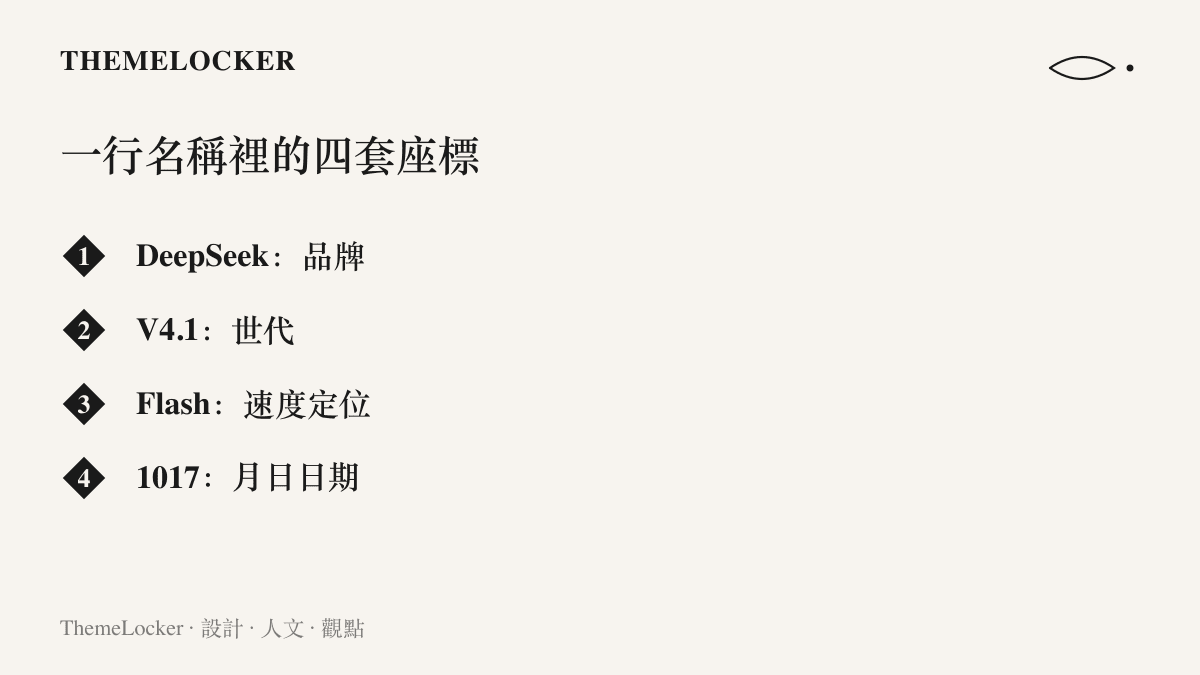 清單圖卡拆解 DeepSeek V4.1 Flash 1017 名稱的四個段落，分別標出品牌、世代版本、速度定位與月日日期四種欄位身分