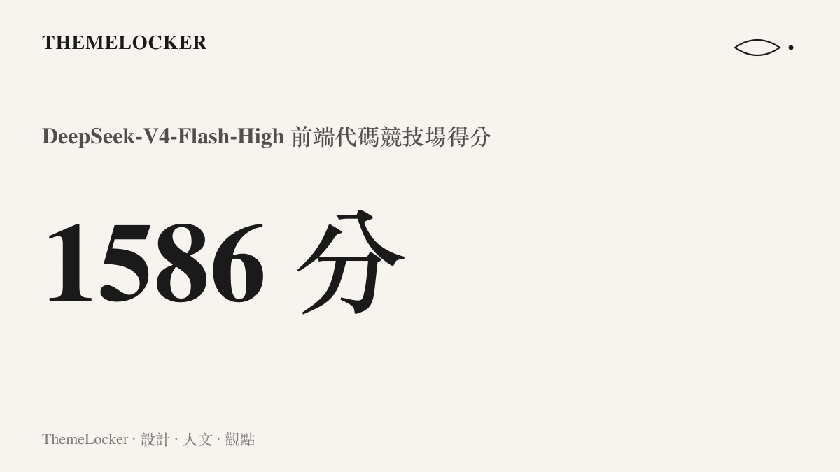 統計圖卡展示 DeepSeek-V4-Flash-High 在前端代碼競技場獲得 1586 分的高排名成績