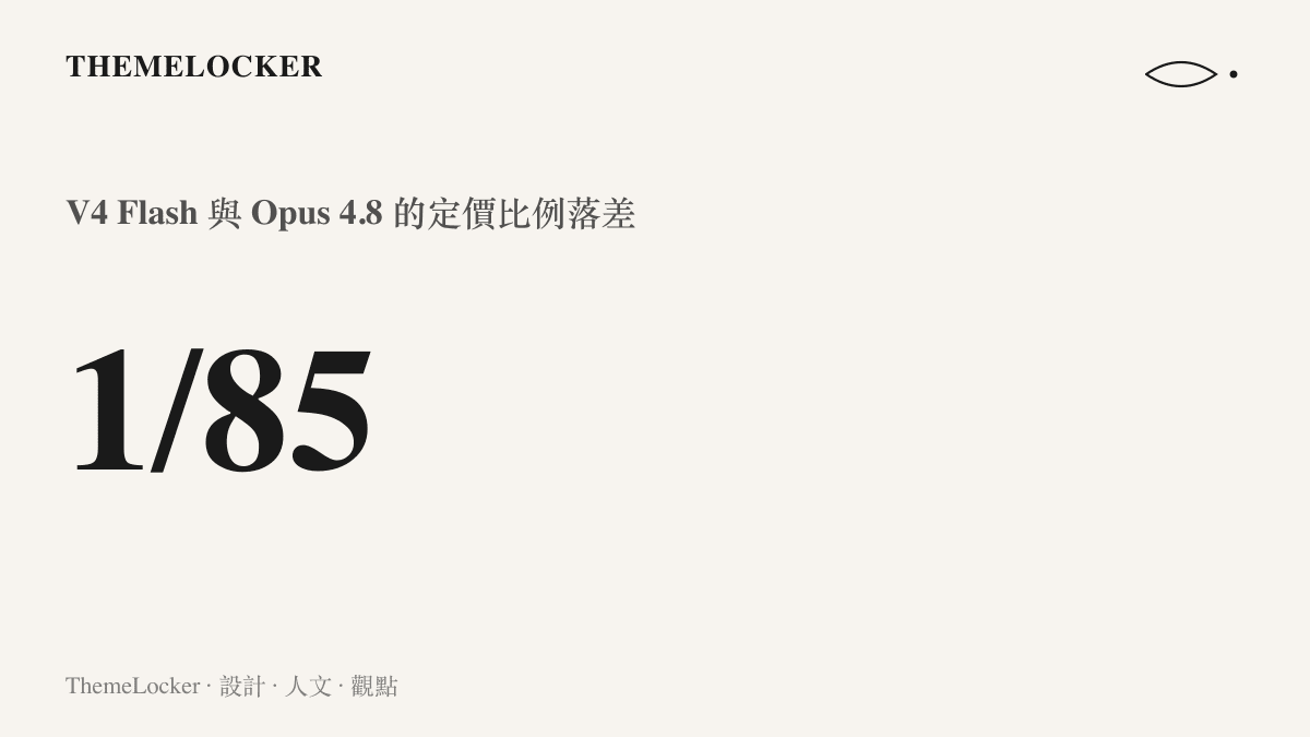 對比 DeepSeek V4 Flash 與 Claude Opus 4.8 兩款模型的定價比例，呈現八十五分之一的極端視覺落差
