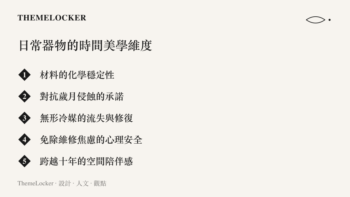 清單圖卡列舉了空調設計在材料穩定性、時間承諾與心理安全感等五個層面的美學維度