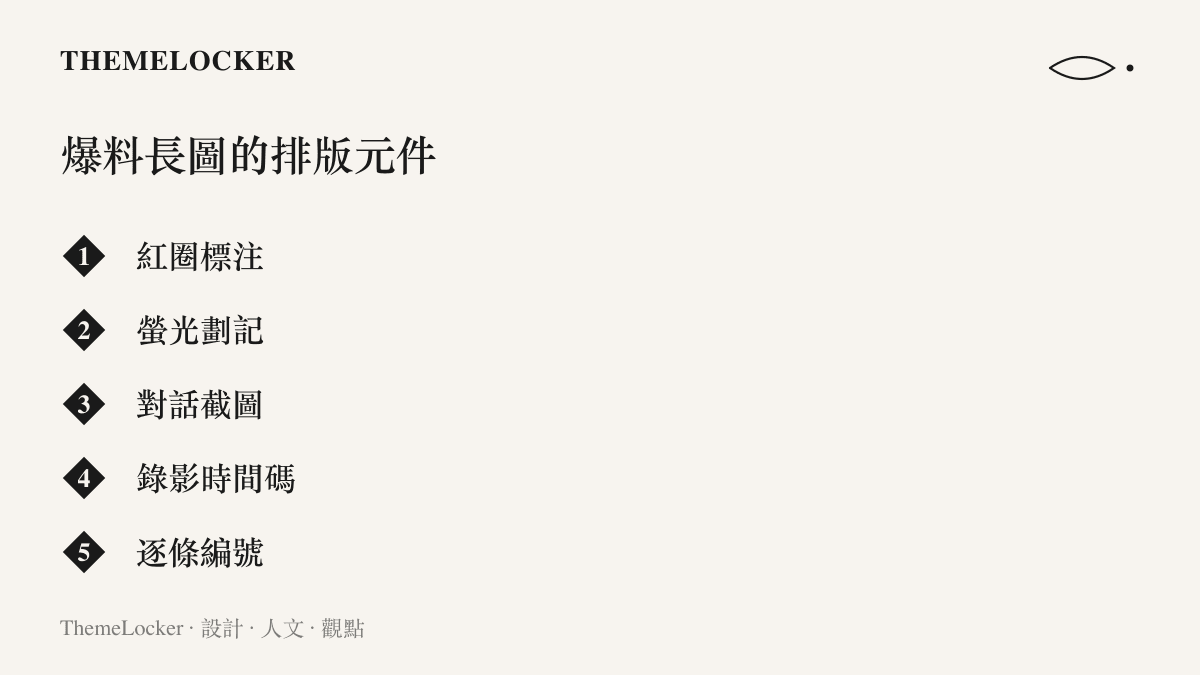 微博爆料長圖常見五種排版元件：紅圈標注、螢光劃記、對話截圖、錄影時間碼與逐條編號，分別用來引導視線與提供可核對的座標