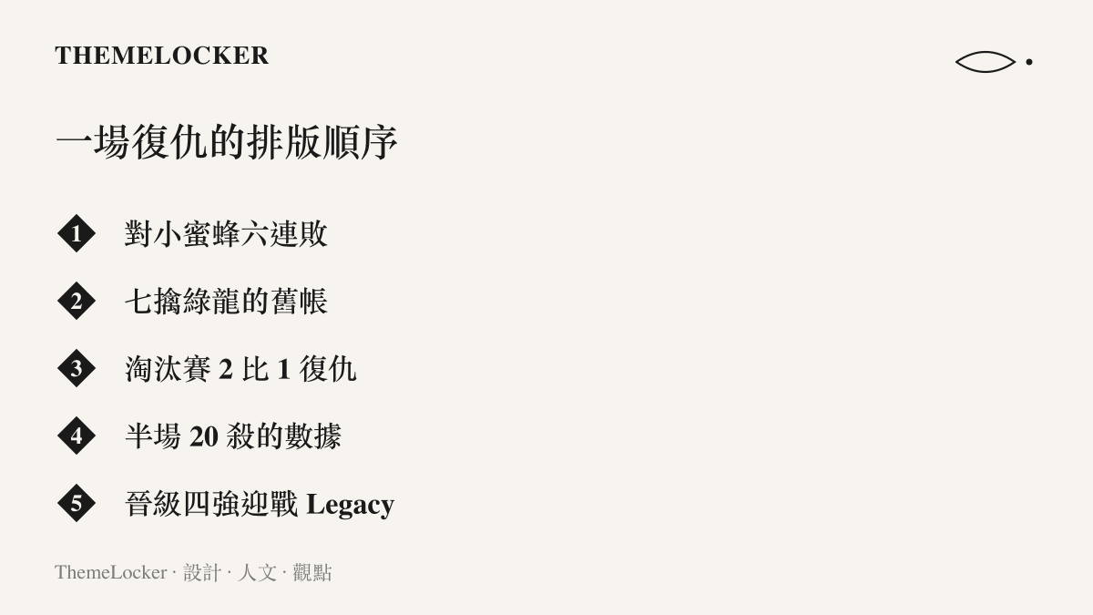 圖面依序列出復仇敘事的五個節點，從對 Vitality 的六連敥與七擒綠龍的舊帳，到 2 比 1 的戰果、半場 20 殺與晉級四強對戰 Legacy