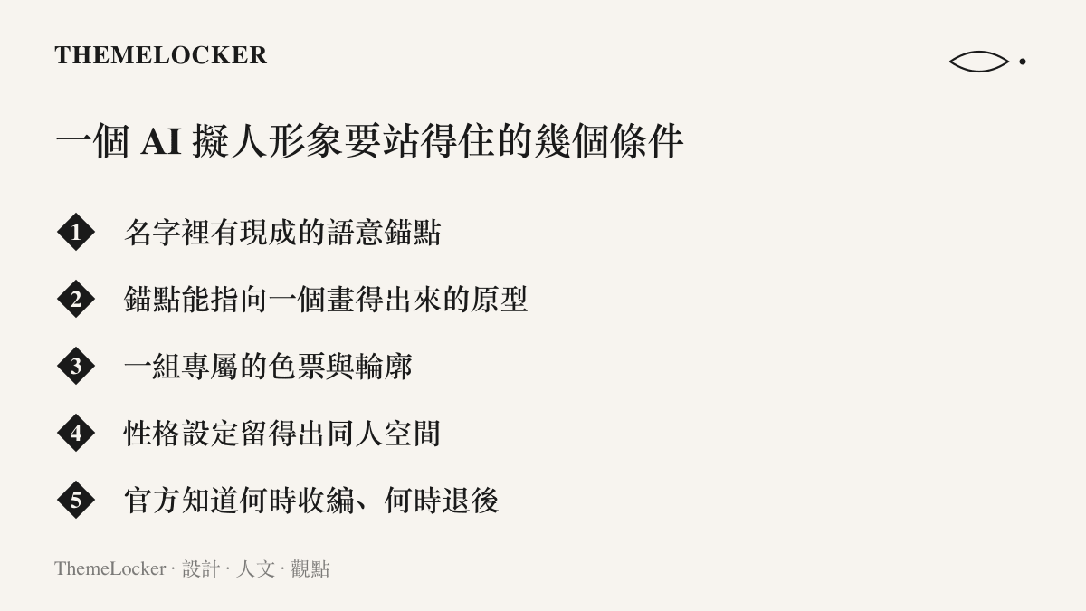 清單列出一個AI擬人形象站得住的條件，包括名字的語意錨點、可畫的原型、專屬色票與輪廓、同人發揮空間，以及官方收編的分寸