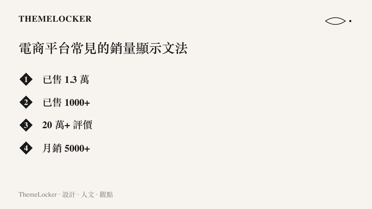 清單圖卡列出電商平臺常見的四種銷量顯示格式，包括已售1.3萬、已售1000+、20萬+評價與月銷5000+